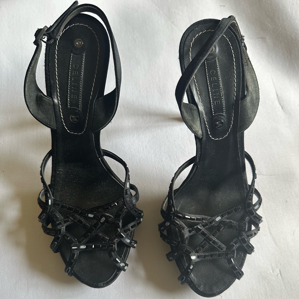 Celine Beaded Platform High Heel Satin Sandals in Black